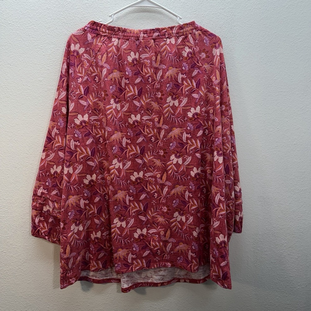 J.Jill XL Floral Top Scoop Neck Red Cotton Modal Pullover Pleated Long Sleeves - Picture 4 of 5